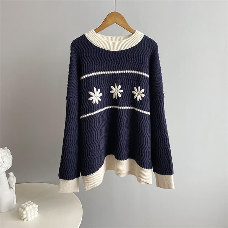 ネイビーコーデ 花柄プリントニットセータートップス ゆったりカジュアル