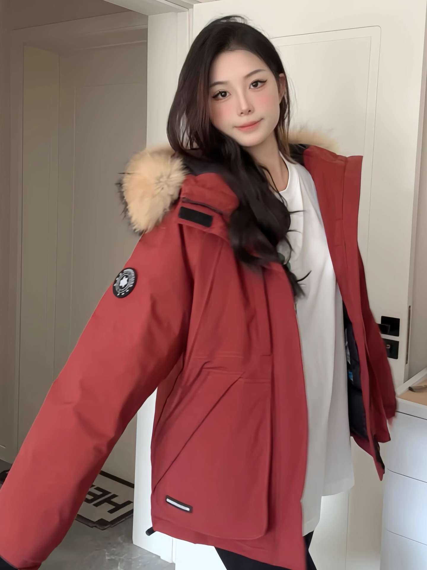 ネイビーコーデ あったか毛皮フード付きダウンコート