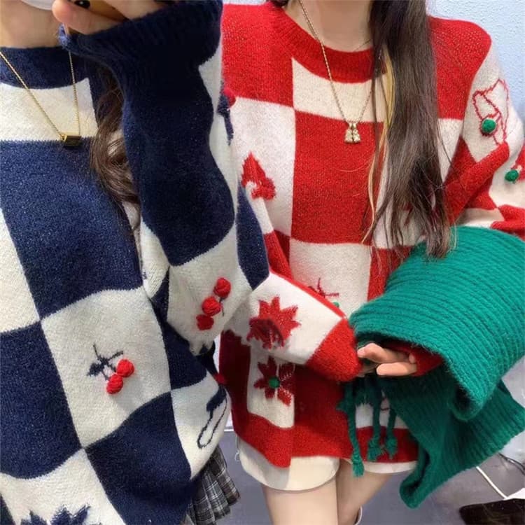 ネイビーコーデ クリスマス柄ニットセーター 長袖ゆったりトップス