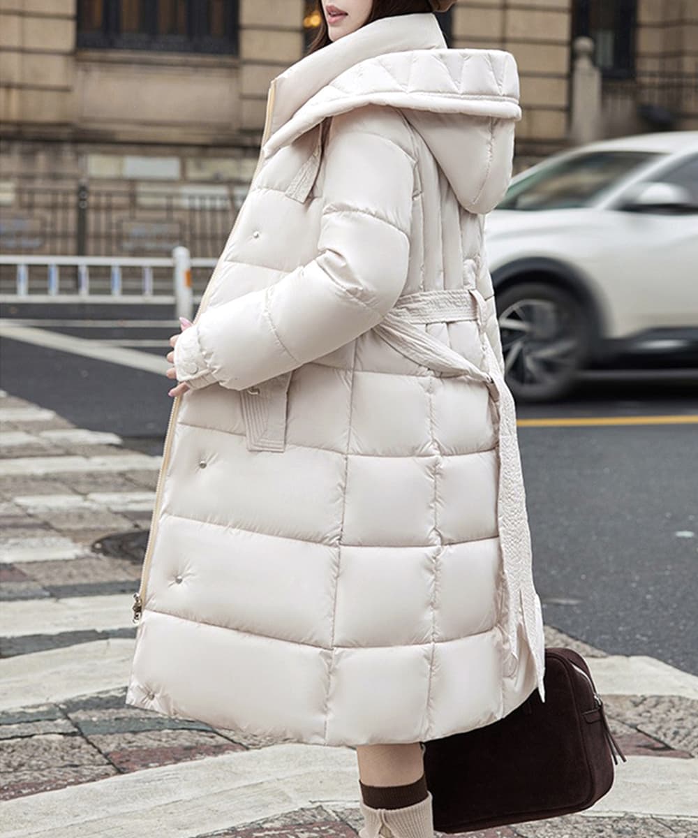 ネイビーコーデ フード付き中綿ロング丈防寒アウター