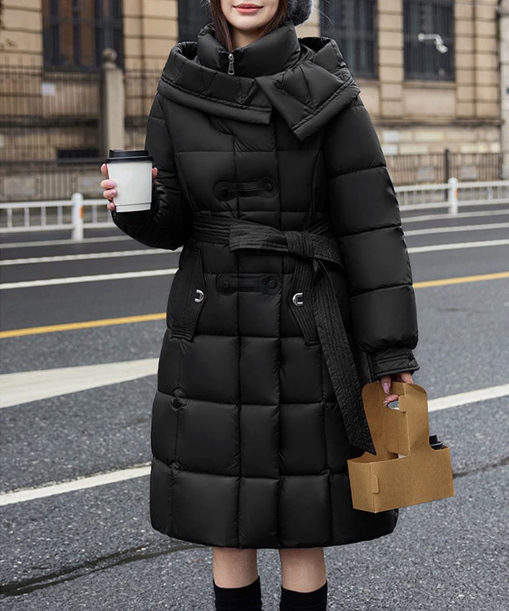 ネイビーコーデ フード付き中綿ロング丈防寒アウター