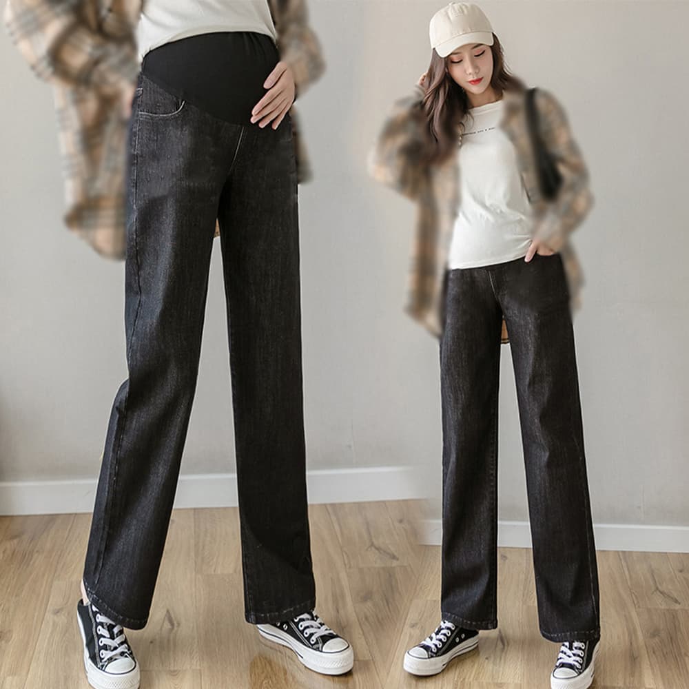 ネイビーコーデ 妊婦用デニムワイドパンツ 調節機能付マタニティパンツ