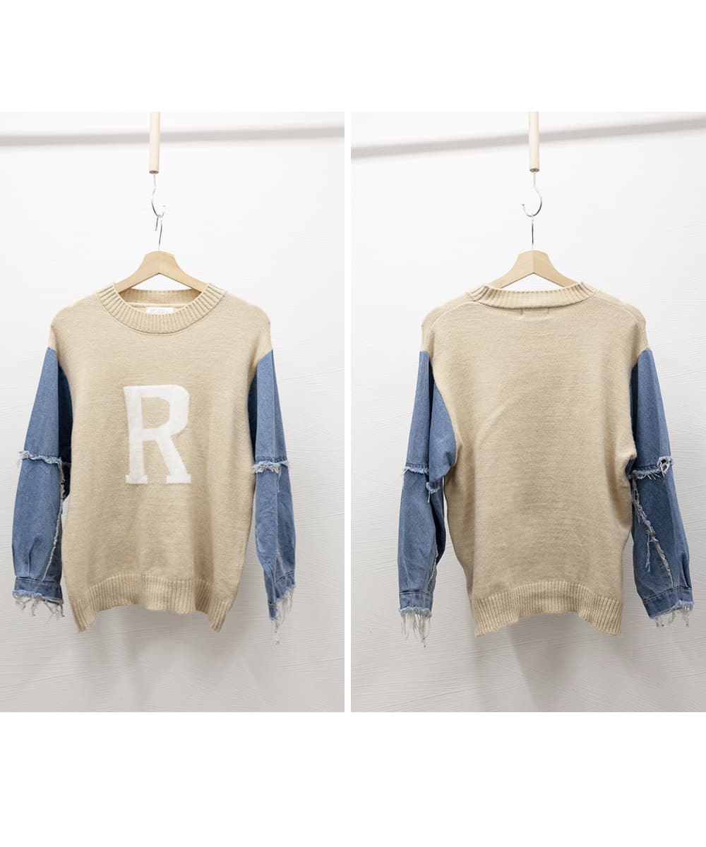 ネイビーコーデ 重ね着風ニットトップス デニム袖切り替えプルオーバー