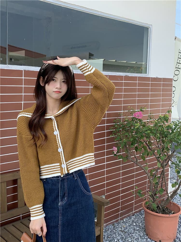 ネイビーコーデ 学院風ゆったりニットカーディガン トップス レディース