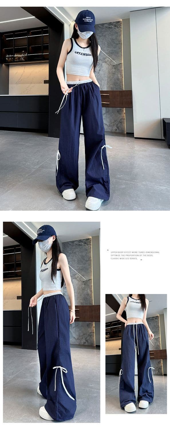 ネイビーコーデ リボンデザイン ワイドストレートパンツ