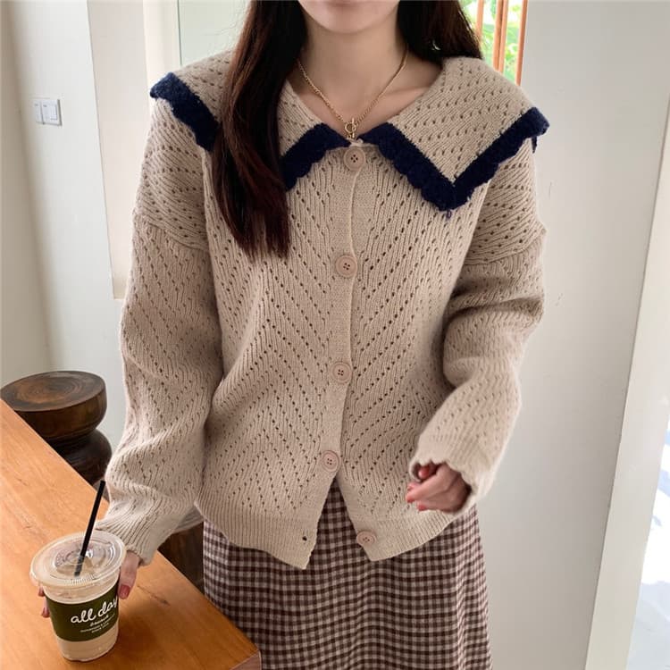 ネイビーコーデ 体型カバー襟付き暖かニットトップス可愛いセーター
