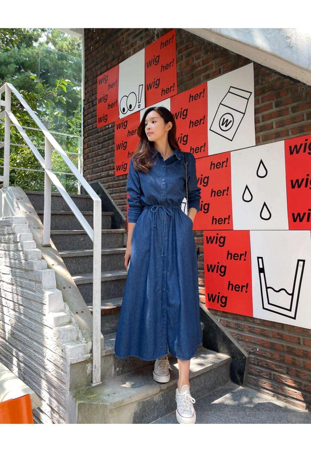 ネイビーコーデ ウエストリボン付き ロング丈シャツワンピース