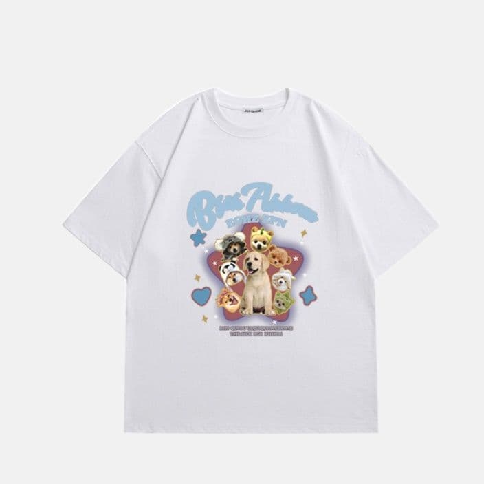 ネイビーコーデ わんこ集合プリント半袖Tシャツ