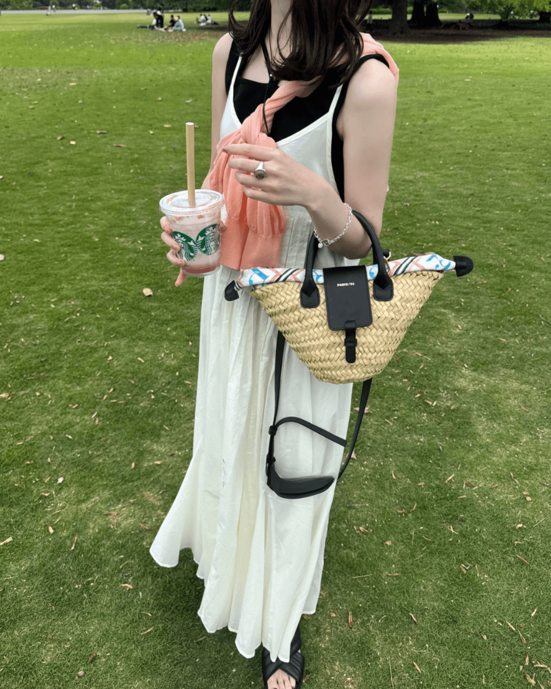 ネイビーコーデ 重ね着風チェック柄ロングキャミワンピース