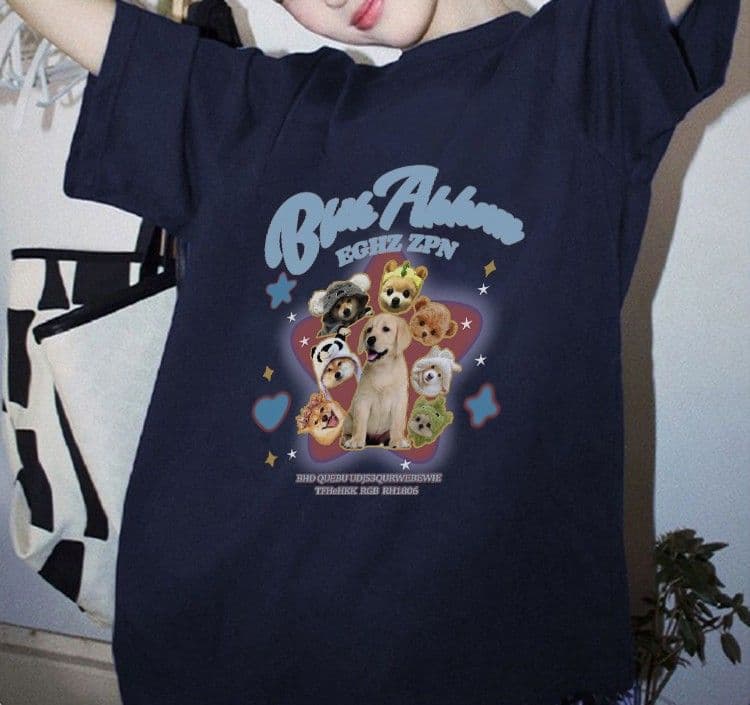 ネイビーコーデ わんこ集合プリント半袖Tシャツ
