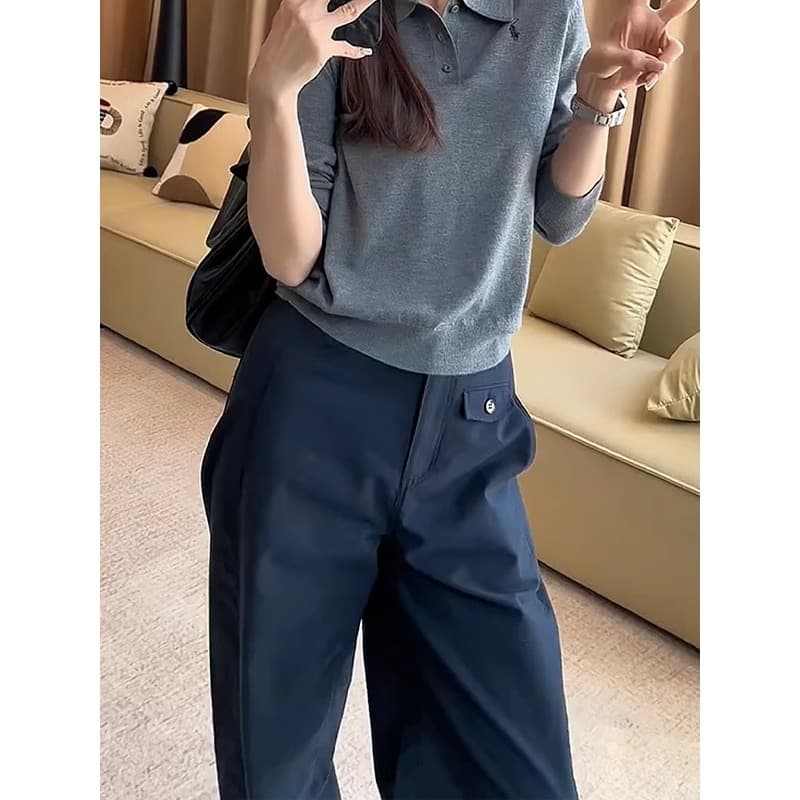 ネイビーコーデ 上質素材ゆったりワイドパンツ