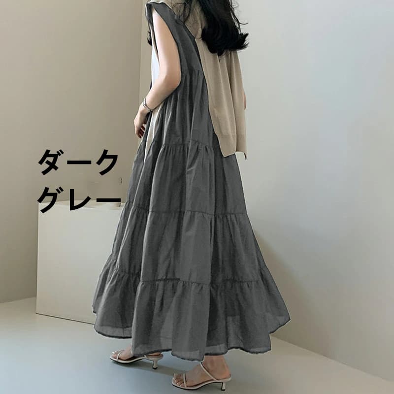 ネイビーコーデ ティアードマキシ丈ワンピース ノースリーブドレス