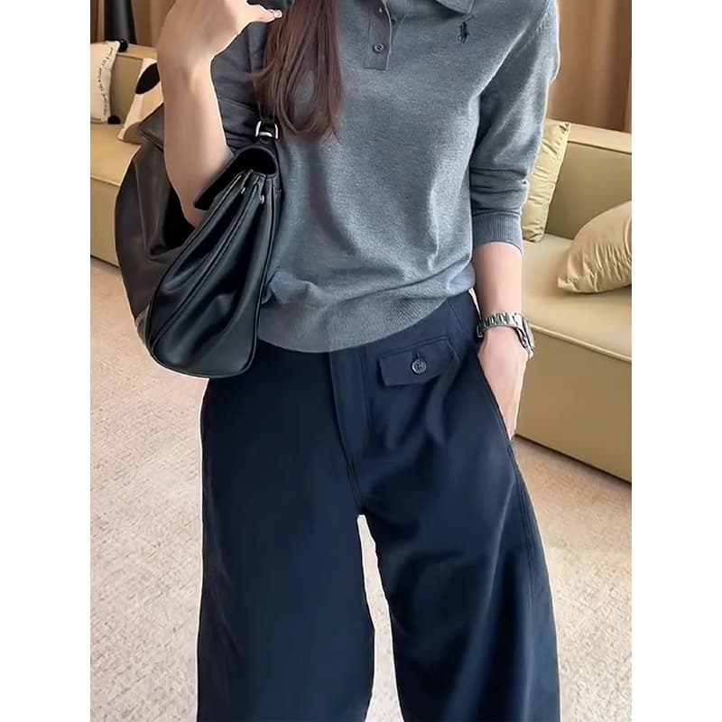 ネイビーコーデ 上質素材ゆったりワイドパンツ