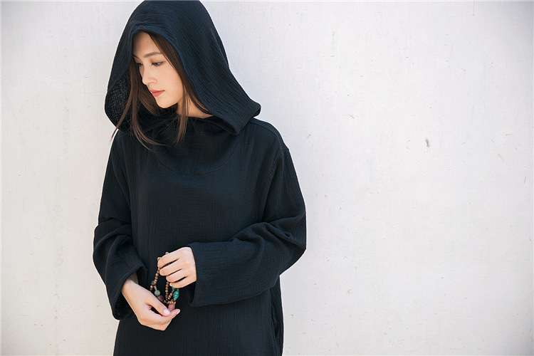 ネイビーコーデ フード付きゆったり魔女風コスプレワンピース