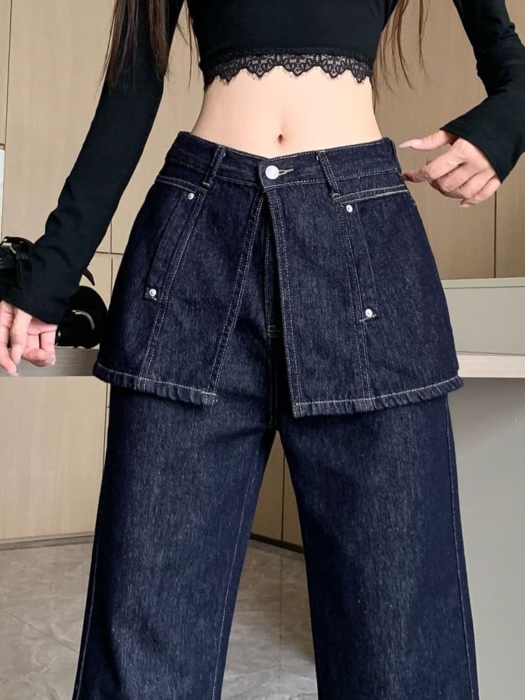 ネイビーコーデ ネイビーコーデ 重ね着風ワイドデニムパンツ