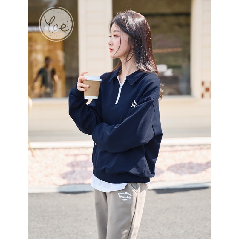 ネイビーコーデ ハーフジップカラーポロスウェット
