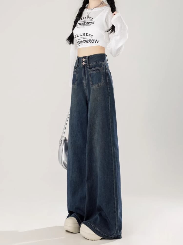 ネイビーコーデ ハイウエストフレアデニムパンツ