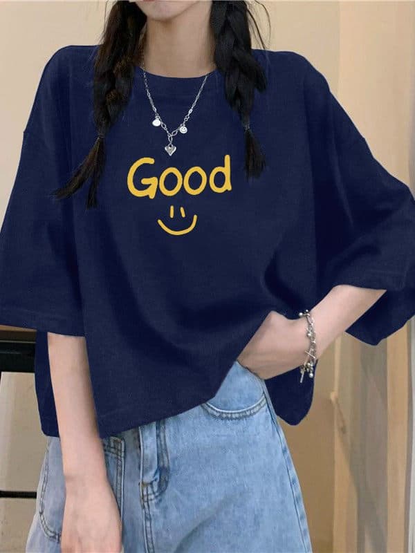 ネイビーコーデ メッセージプリント七分袖Tシャツ