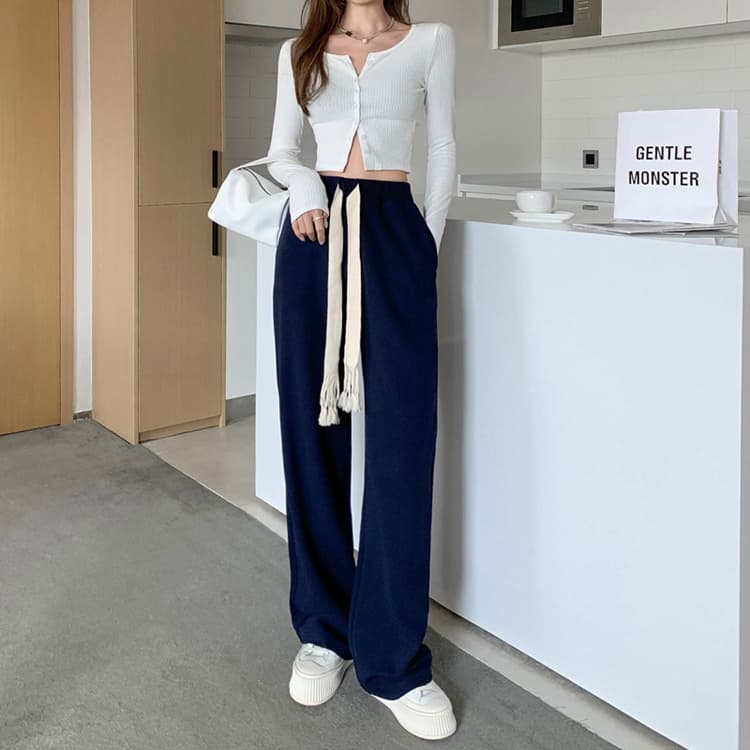 ネイビーコーデ ハイウエスト巾着ワイドパンツ カジュアル美脚パンツ