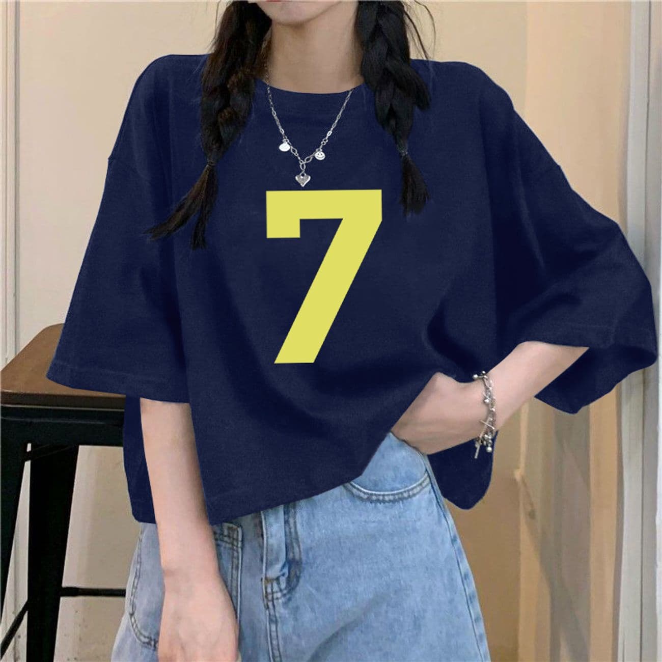 ネイビーコーデ メッセージプリント七分袖Tシャツ