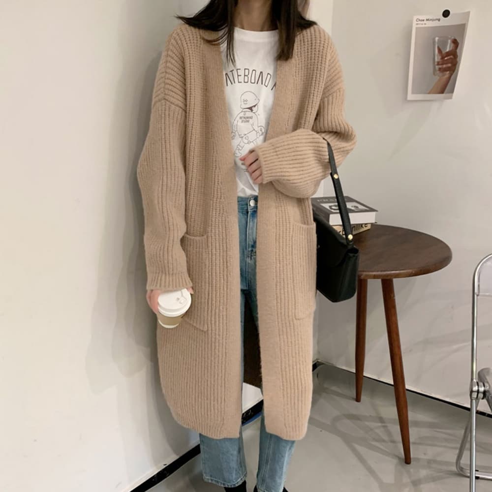 ネイビーコーデ 厚手ロング丈ニットカーディガン レディース体型カバートップス