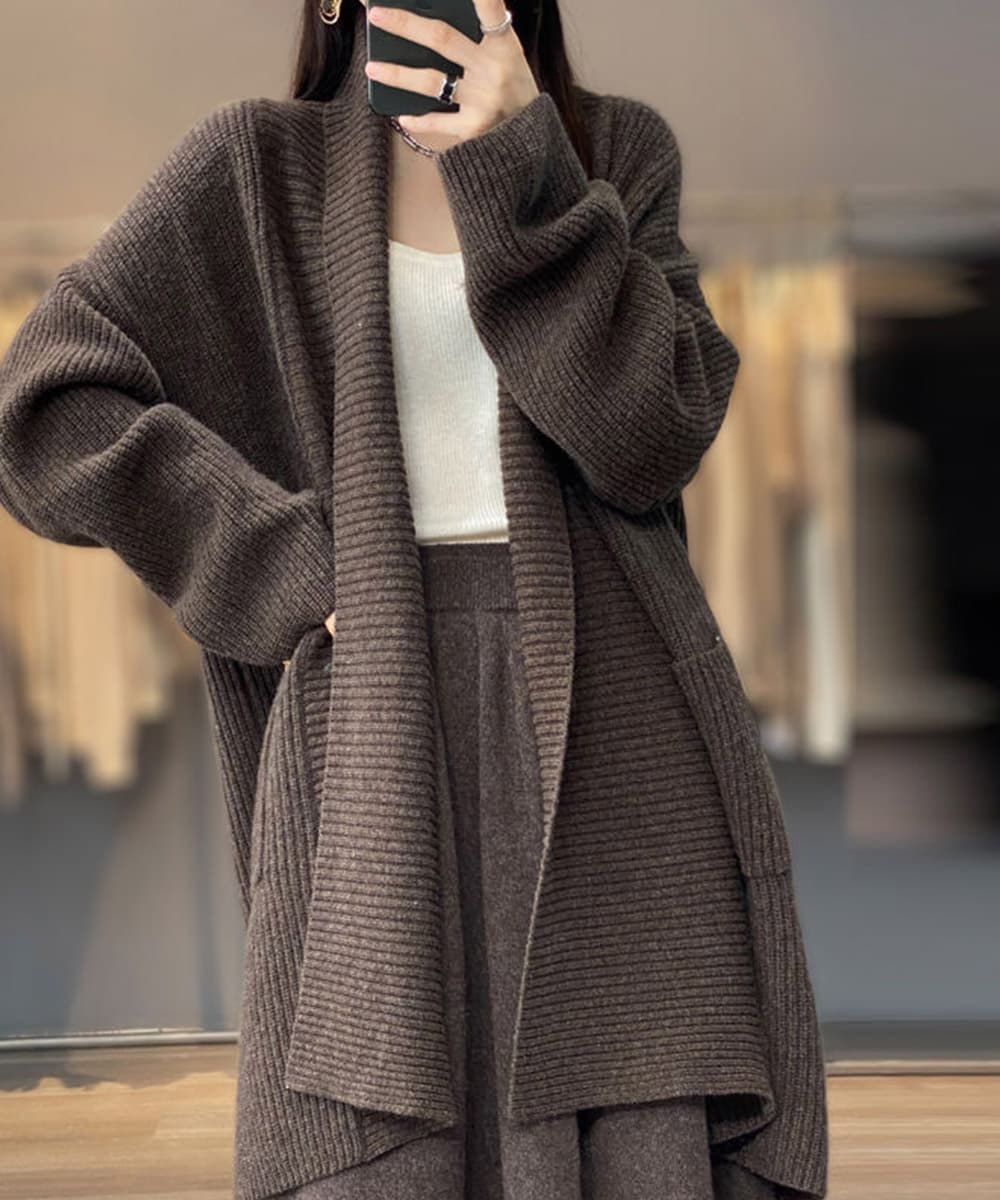 ネイビーコーデ 厚手ニットカーディガン ロング丈 秋冬 韓国風トップス