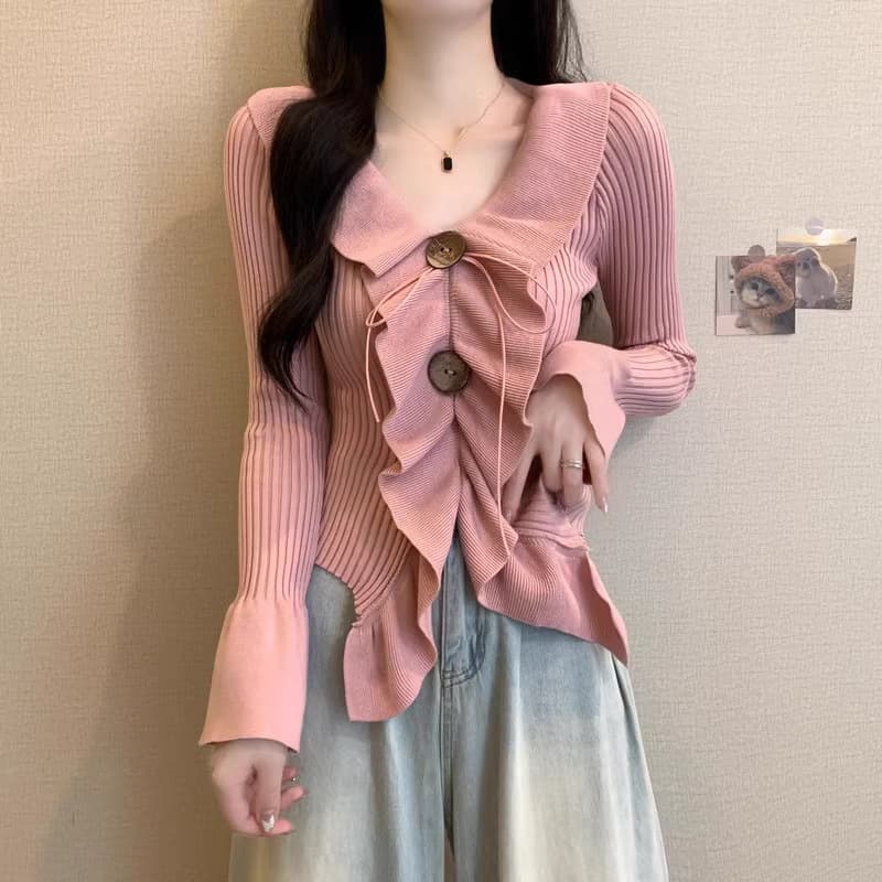 ネイビーコーデ フリルリボン きらめき カーディガン