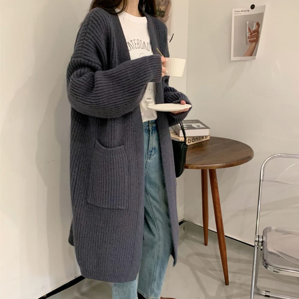 ネイビーコーデ 厚手ロング丈ニットカーディガン レディース体型カバートップス