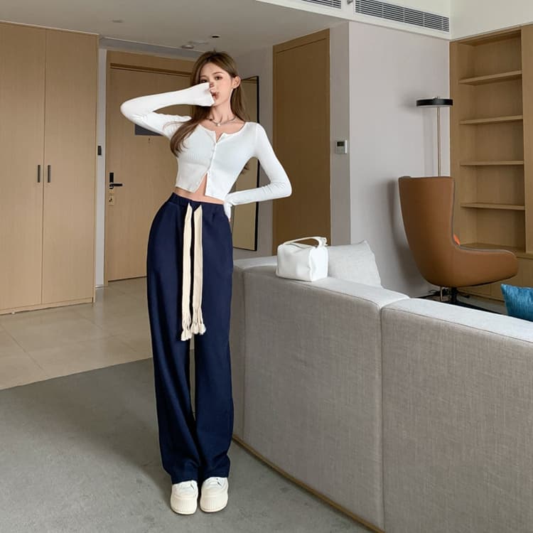ネイビーコーデ ハイウエスト巾着ワイドパンツ カジュアル美脚パンツ