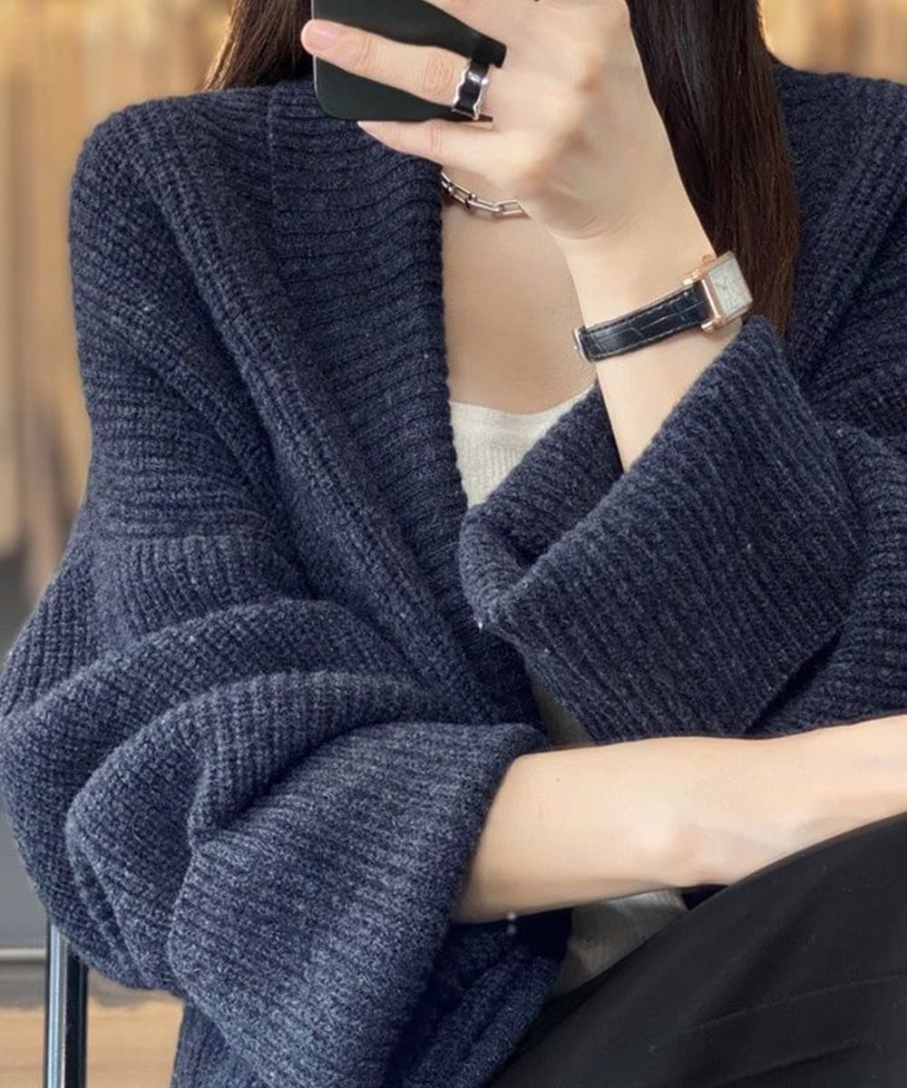 ネイビーコーデ 厚手ニットカーディガン ロング丈 秋冬 韓国風トップス
