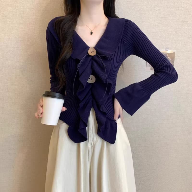 ネイビーコーデ フリルリボン きらめき カーディガン