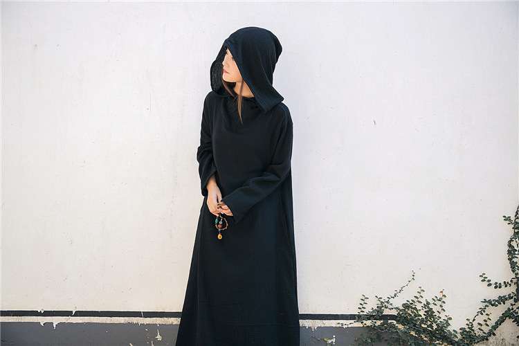 ネイビーコーデ フード付きゆったり魔女風コスプレワンピース