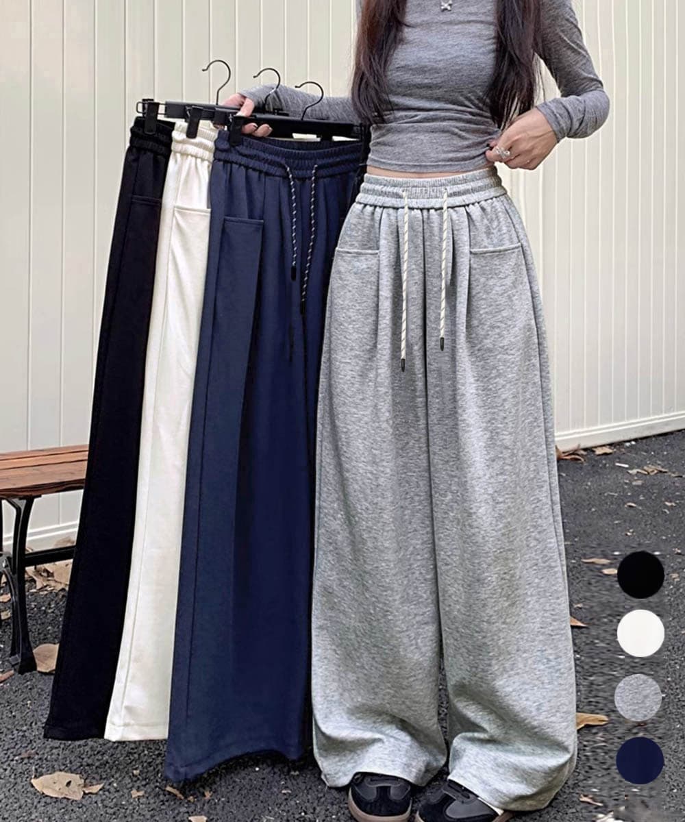 ネイビーコーデ ゆったり体型カバーワイドパンツ