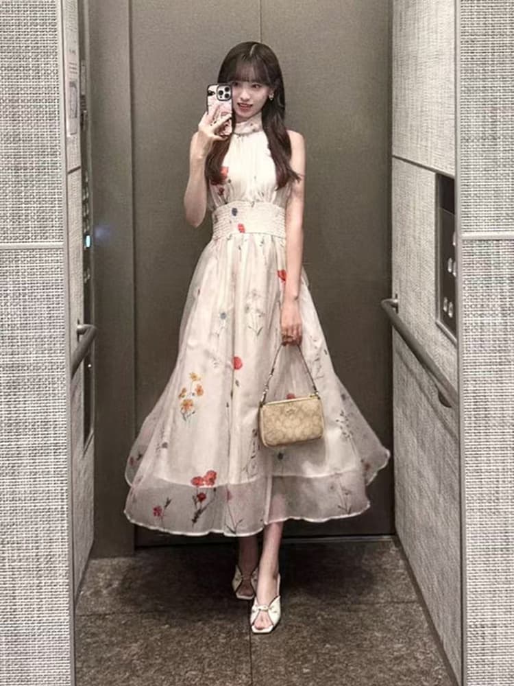 ネイビーコーデ 花の綾織り ノースリーブロングワンピース