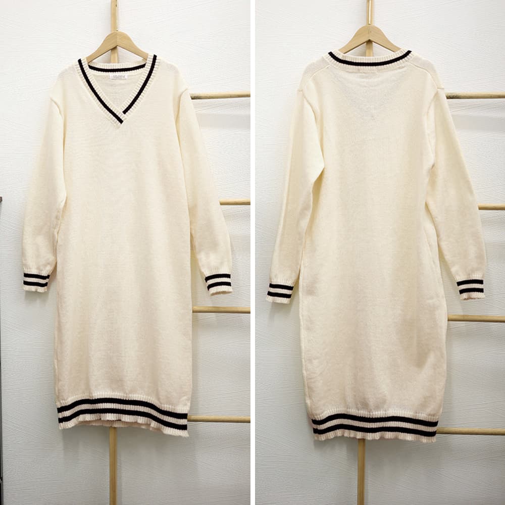 ネイビーコーデ ブイネック ニット ワンピース ロング 秋冬 ドレス