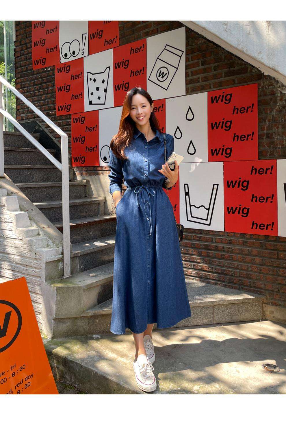 ネイビーコーデ ウエストリボン付き ロング丈シャツワンピース