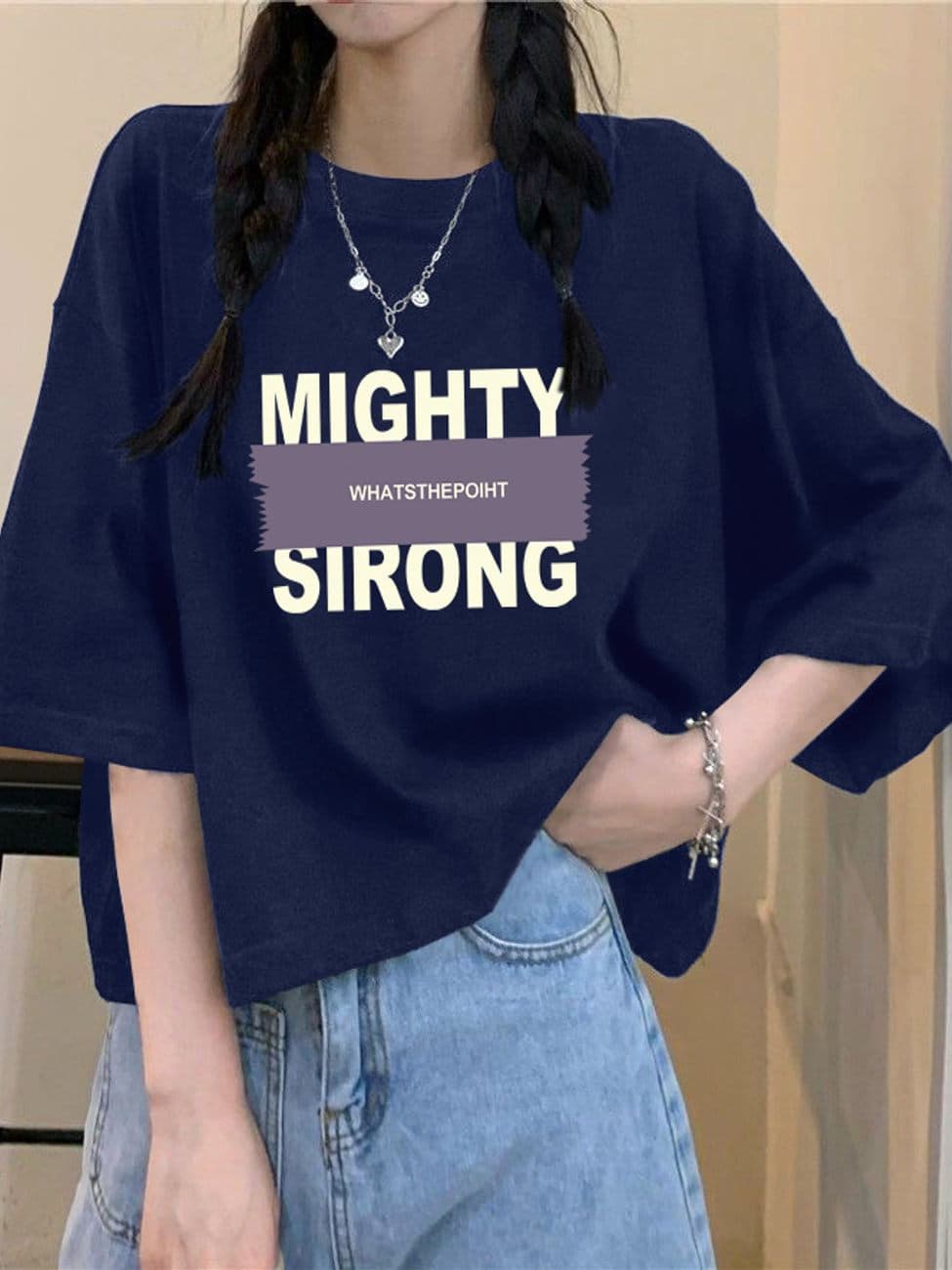 ネイビーコーデ メッセージプリント七分袖Tシャツ