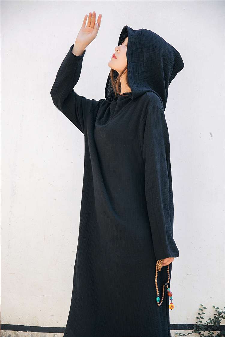 ネイビーコーデ フード付きゆったり魔女風コスプレワンピース