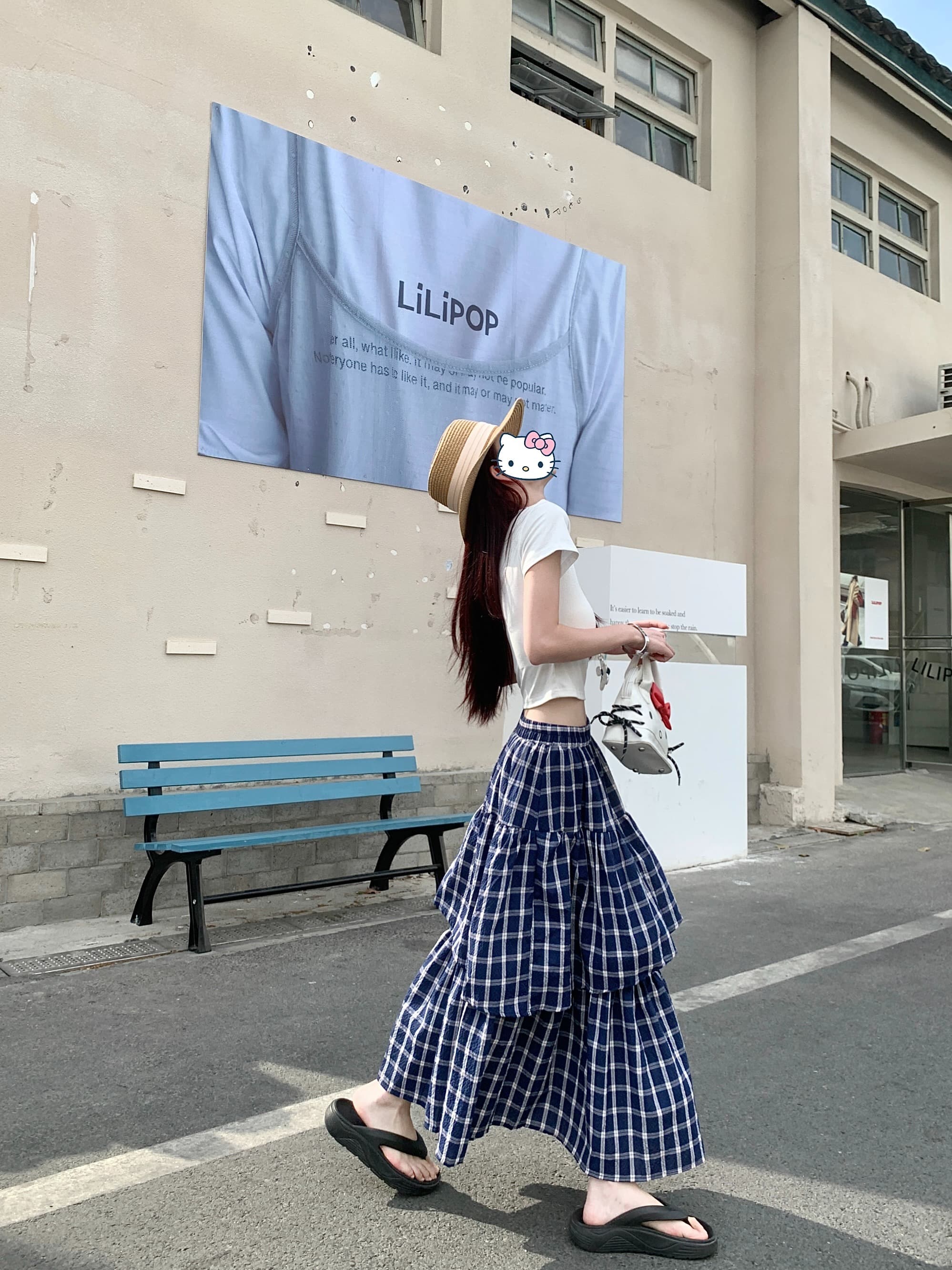 ネイビーコーデ 三段ティアードチェック柄マキシスカート