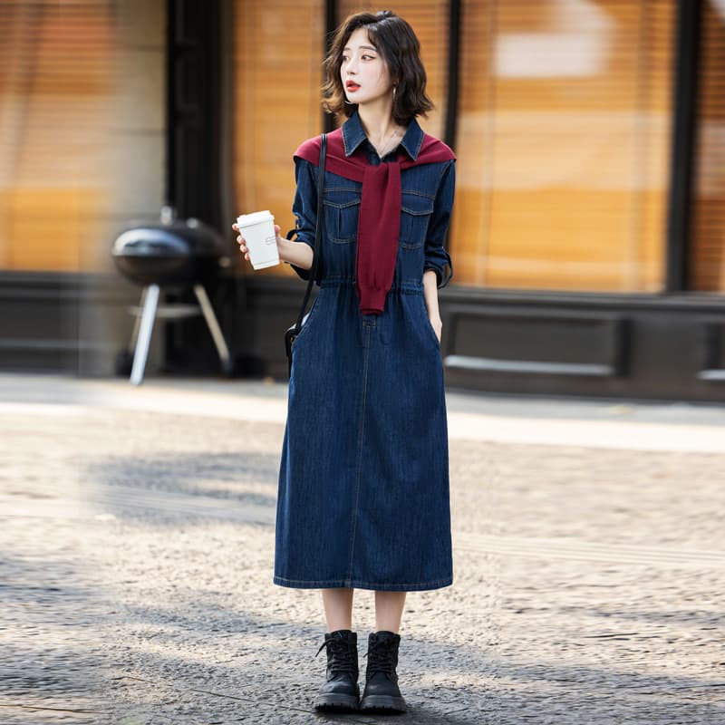 ネイビーコーデ カジュアル襟付きデニムワンピース