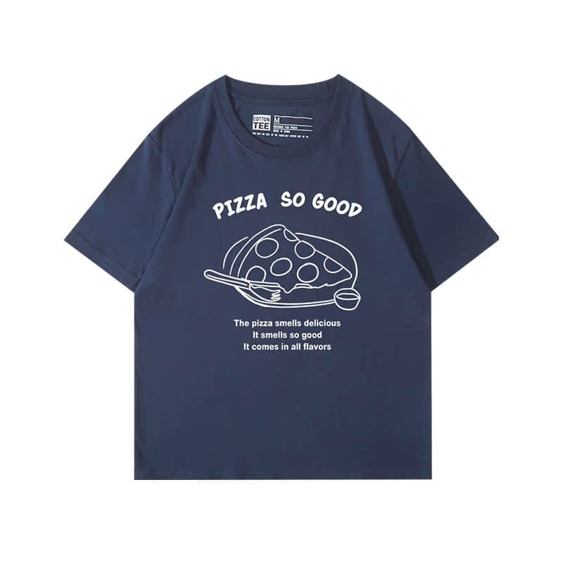 ネイビーコーデ おいしいピザ柄の半袖Tシャツ