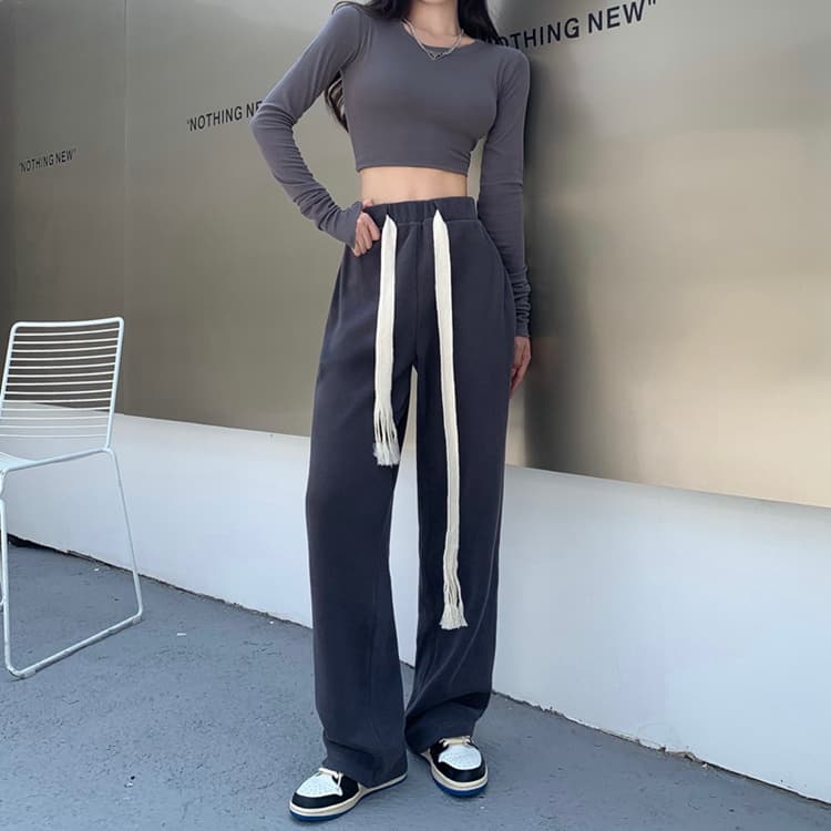 ネイビーコーデ ハイウエスト巾着ワイドパンツ カジュアル美脚パンツ