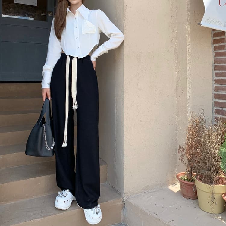 ネイビーコーデ ハイウエスト巾着ワイドパンツ カジュアル美脚パンツ