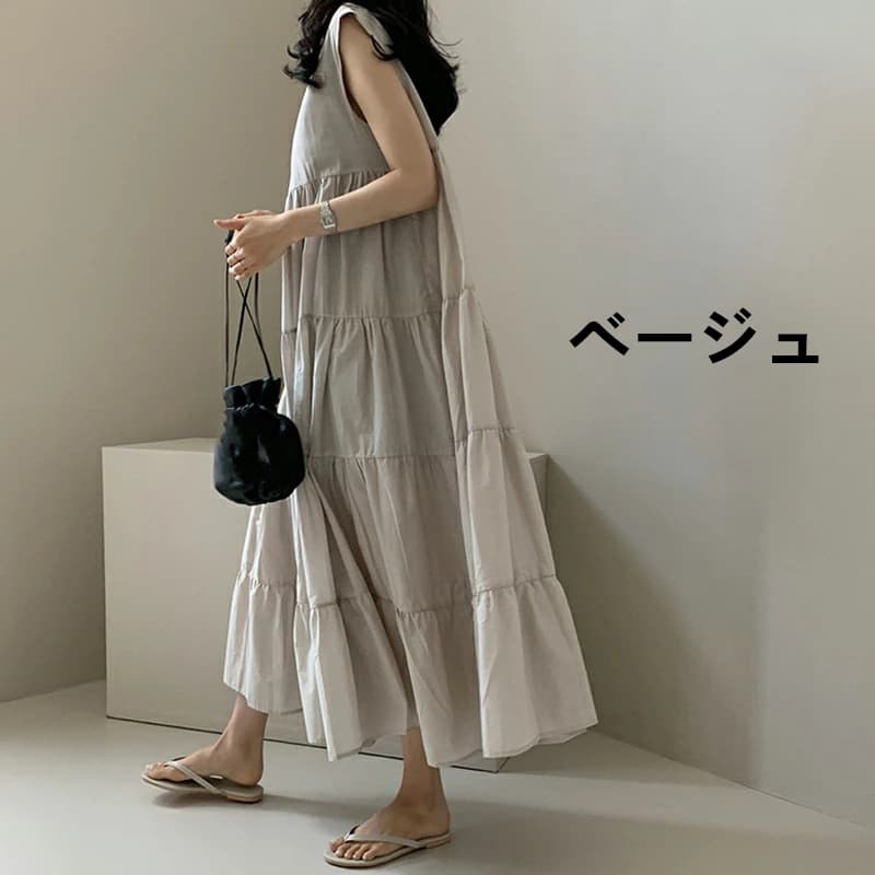 ネイビーコーデ ティアードマキシ丈ワンピース ノースリーブドレス
