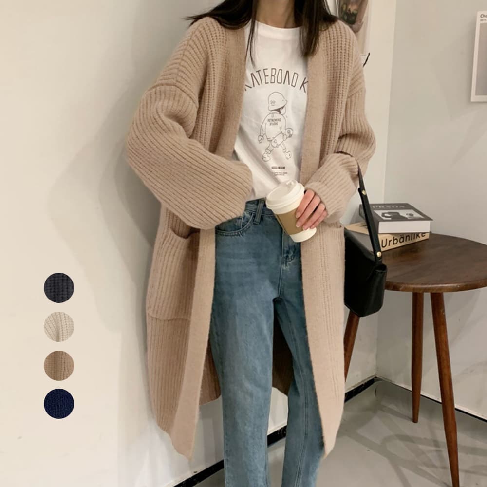 ネイビーコーデ 厚手ロング丈ニットカーディガン レディース体型カバートップス