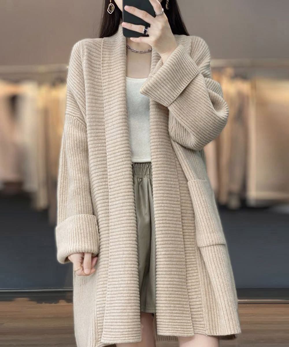 ネイビーコーデ 厚手ニットカーディガン ロング丈 秋冬 韓国風トップス