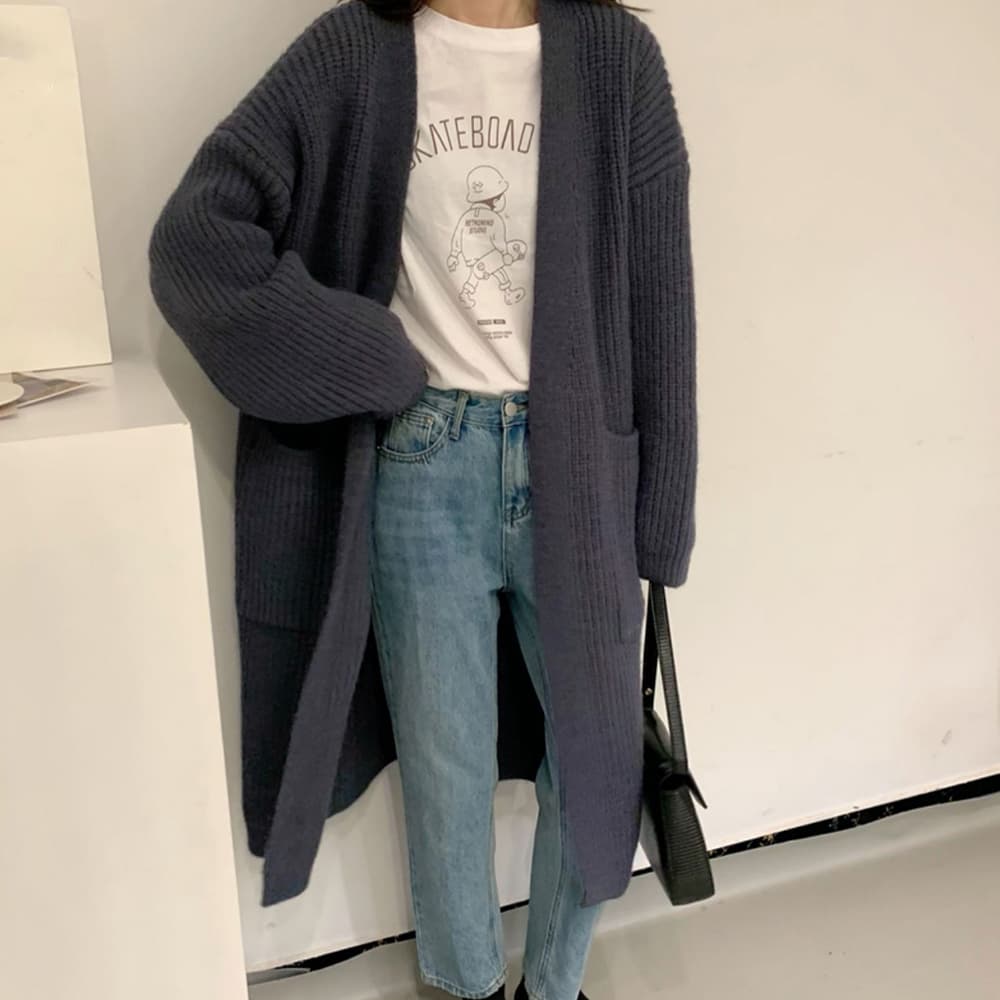 ネイビーコーデ 厚手ロング丈ニットカーディガン レディース体型カバートップス
