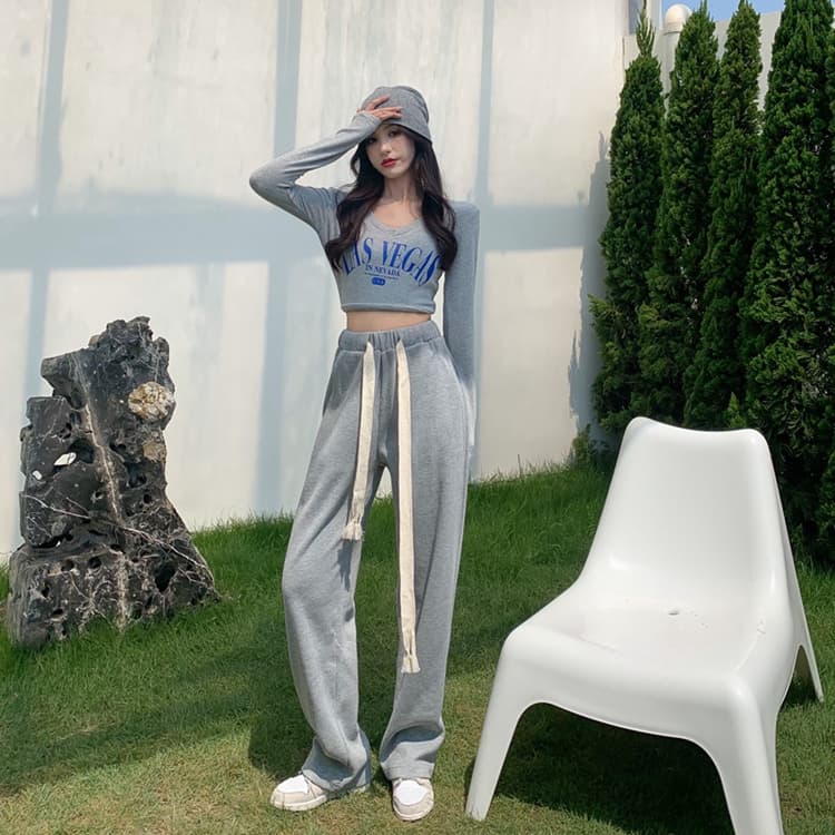 ネイビーコーデ ハイウエスト巾着ワイドパンツ カジュアル美脚パンツ