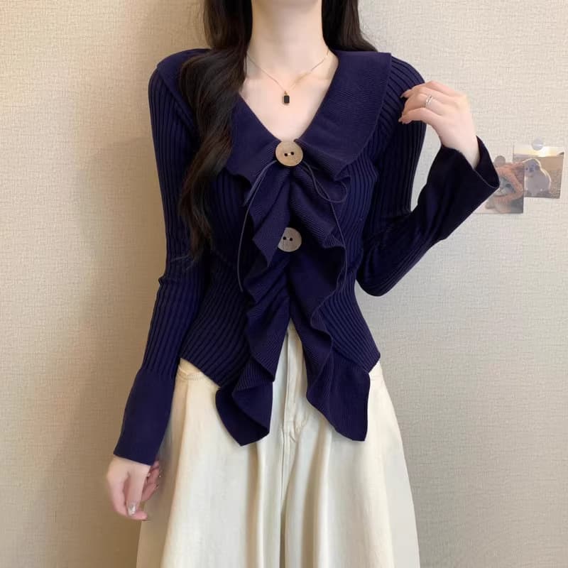ネイビーコーデ フリルリボン きらめき カーディガン